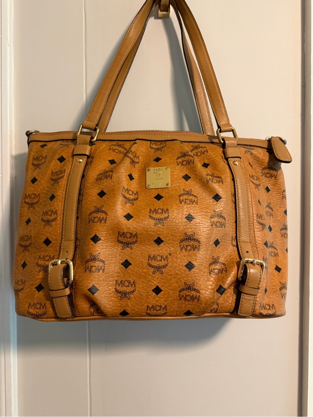 MCM Cognac Visetos Monogrammed Tote with Gold Hardware